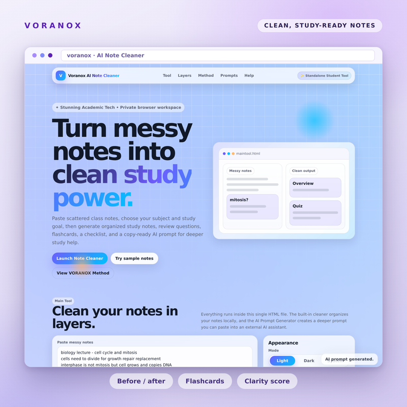 Voranox AI Note Cleaner cover - turn messy notes into clean, study-ready notes