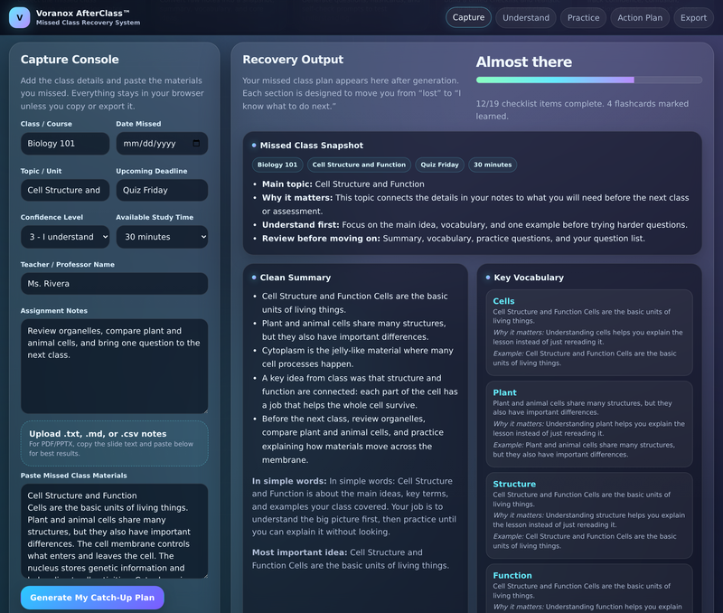 Capture missed class notes to generate a catch-up plan