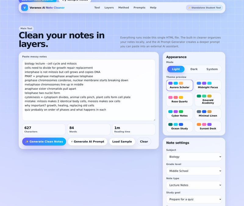 Voranox AI Note Cleaner workspace with paste-in notes editor