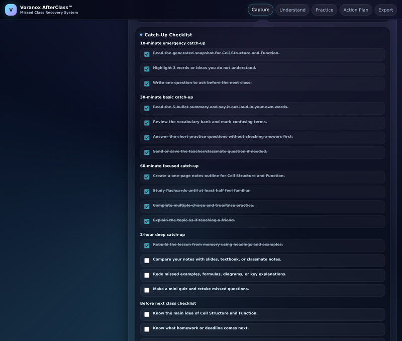 Tiered timed checklist with live readiness tracking