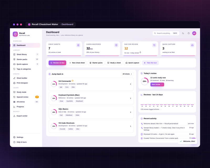 Recall dashboard