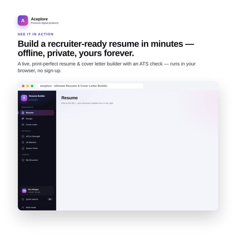 Ultimate Resume & Cover Letter Builder — premium dashboard