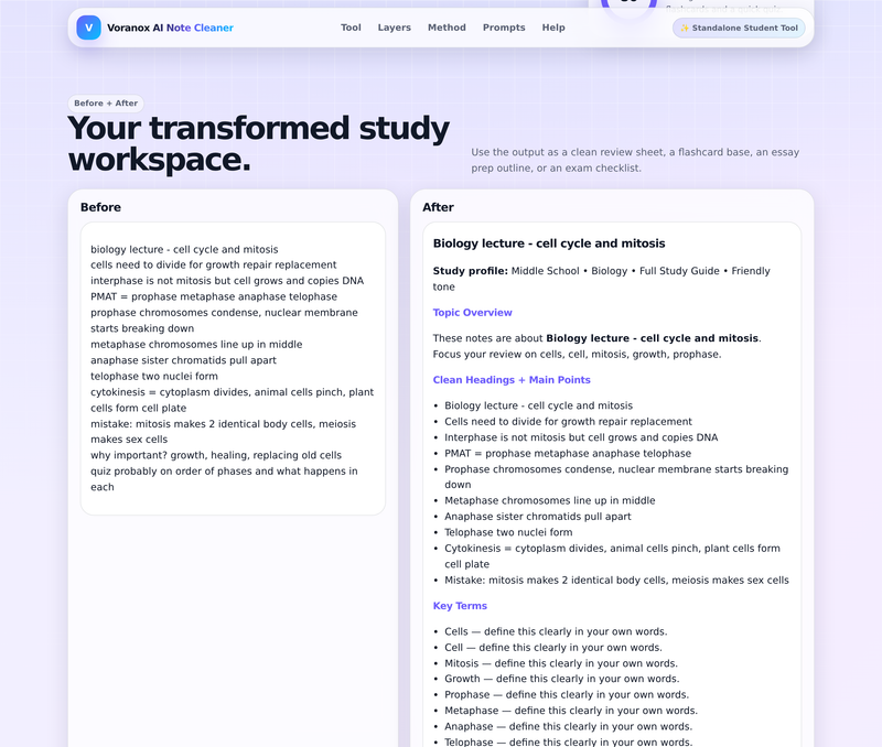 Clean study-ready results with flashcards, quiz and checklist