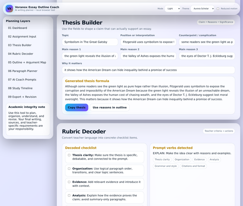 Thesis Builder screen