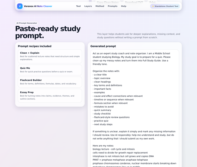 AI Prompt Generator creating a copy-ready study prompt