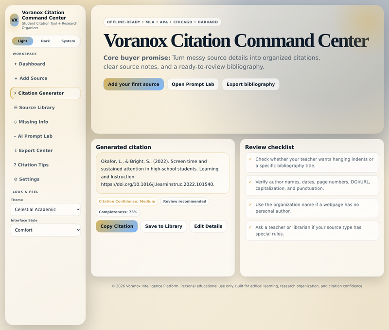 Citation generator for APA, MLA, Chicago and Harvard