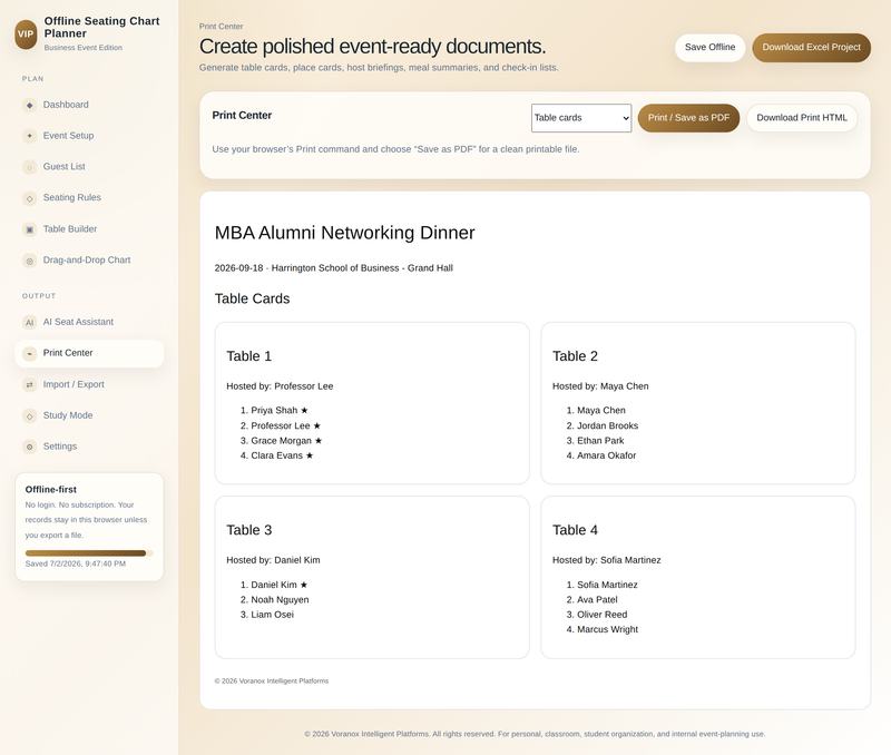 Print center for cards and check-in lists