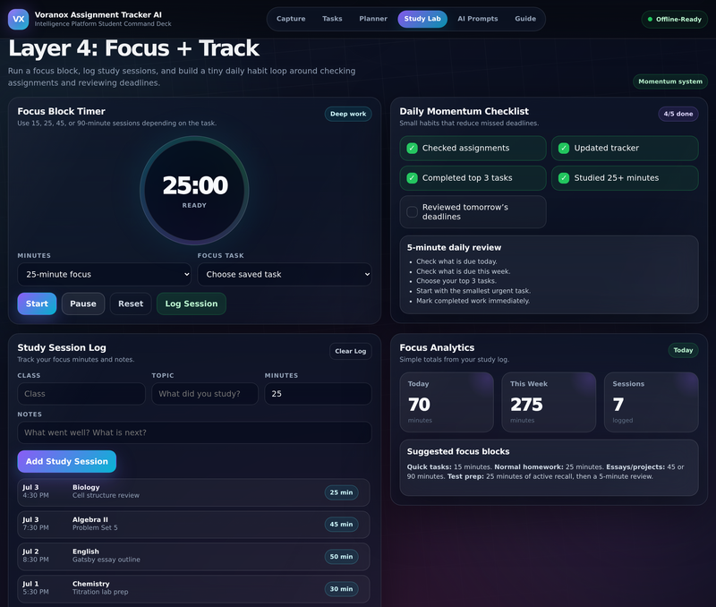 Study Lab focus-block timer, session log, and focus analytics