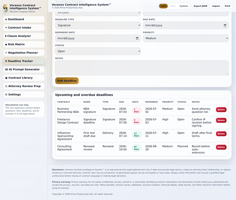 Deadline and obligation tracker