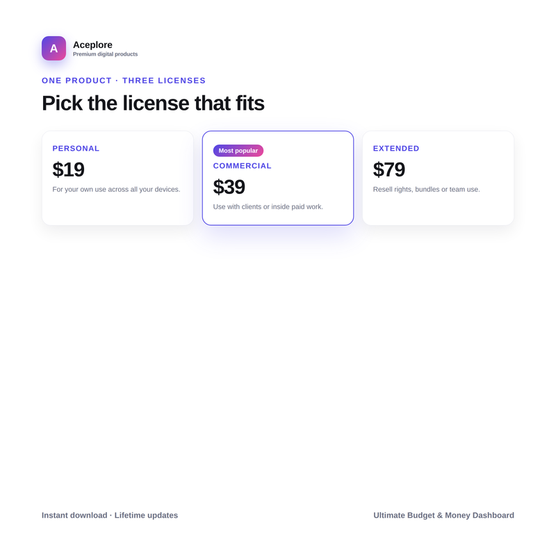 Ultimate Budget & Money Dashboard license tiers