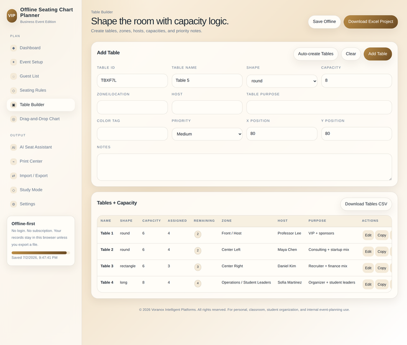 Table builder with shapes and zones