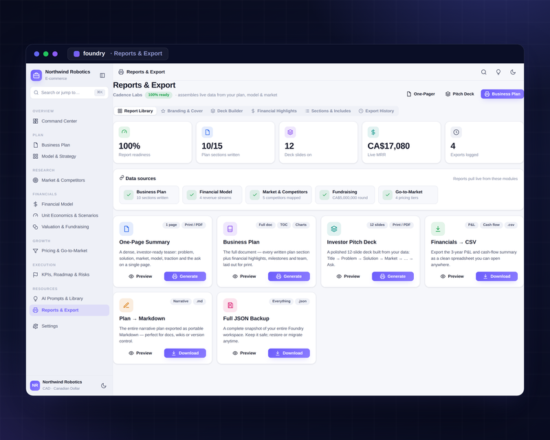 Foundry Reports & Export — one-pager, full plan and pitch deck