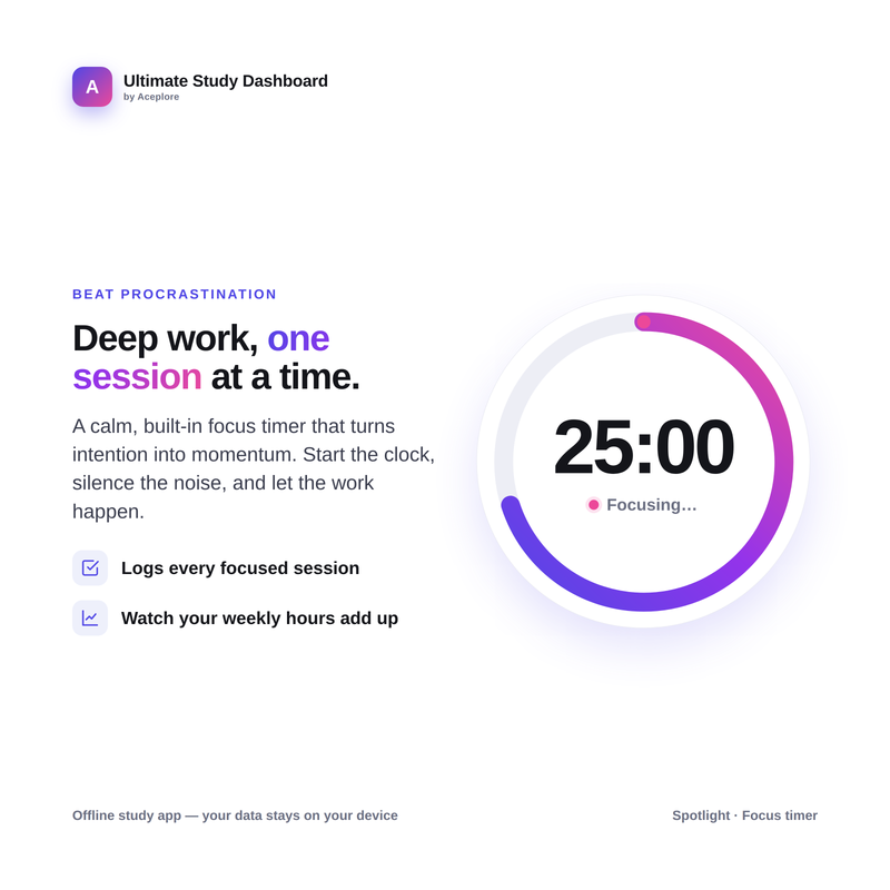 Built-in Pomodoro focus timer that logs your focused hours