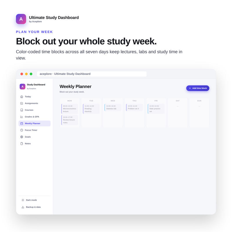 The real Weekly Planner with color-coded study time blocks across the week