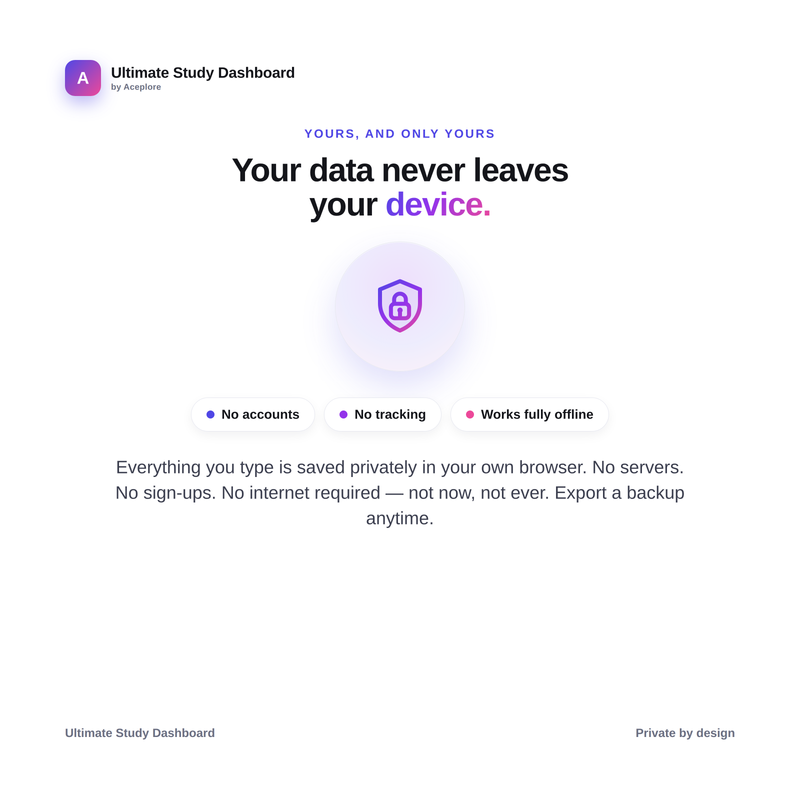 Private by design: your data never leaves your device, no accounts, no tracking, fully offline