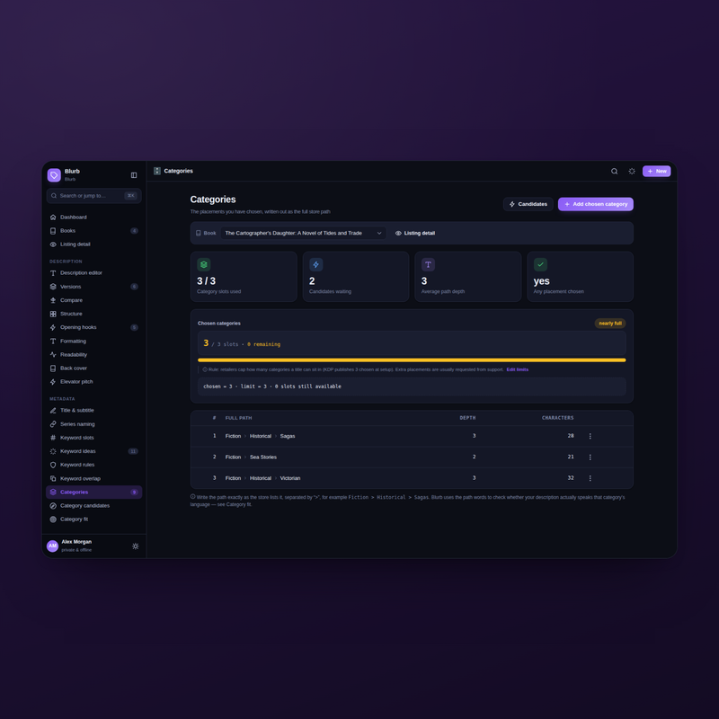 Blurb categories in dark mode — chosen categories with their full paths