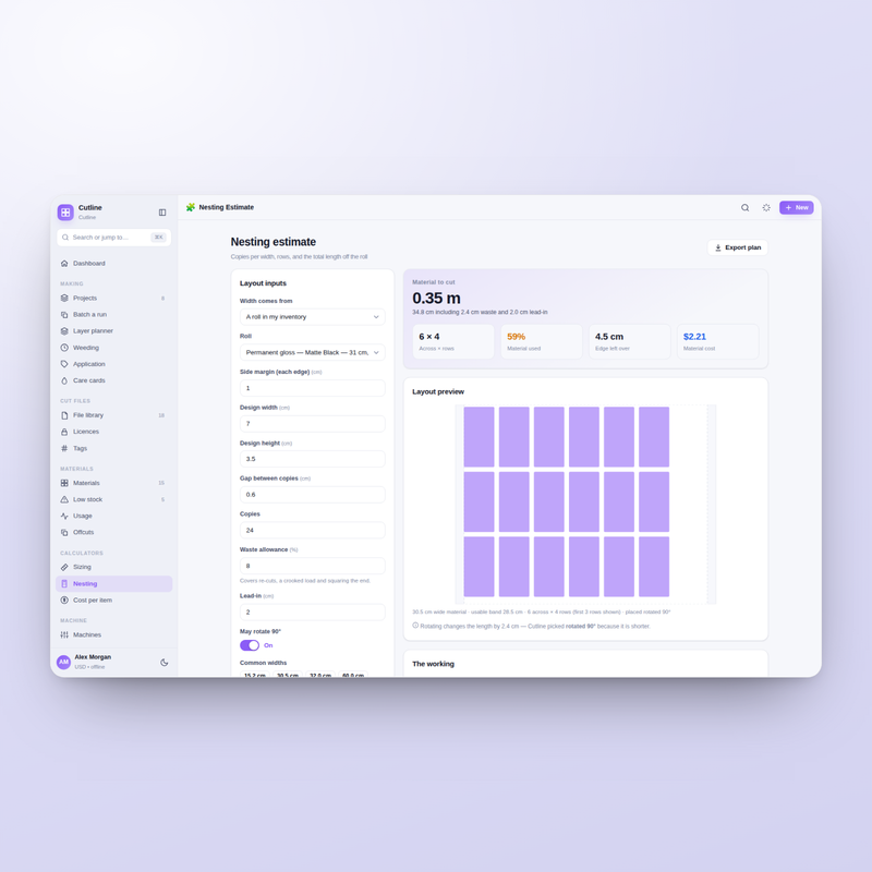 Cutline nesting — shapes packed onto your roll width with waste percentage