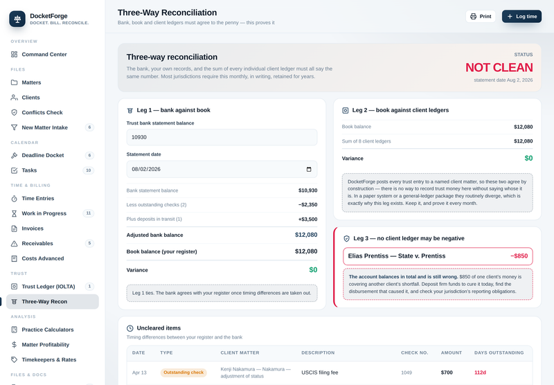 DocketForge — three-way reconciliation