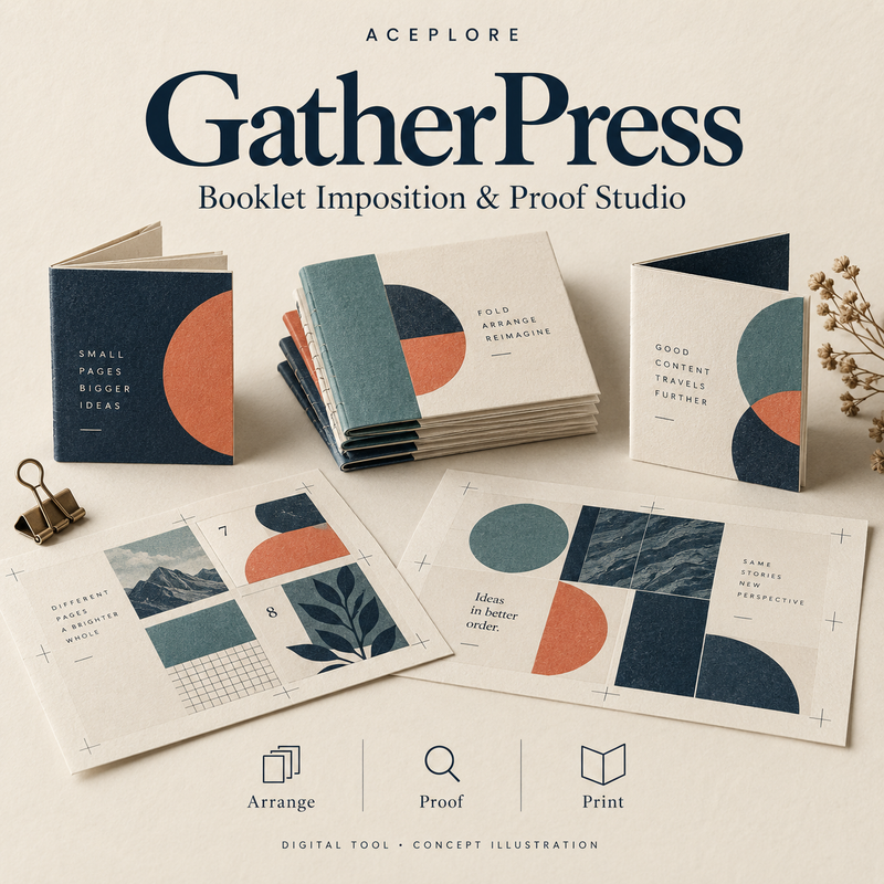 GatherPress — Booklet Imposition & Proof Studio. Original concept illustration of folded booklets and print sheets; labelled as a digital tool concept illustration, not an application screenshot.