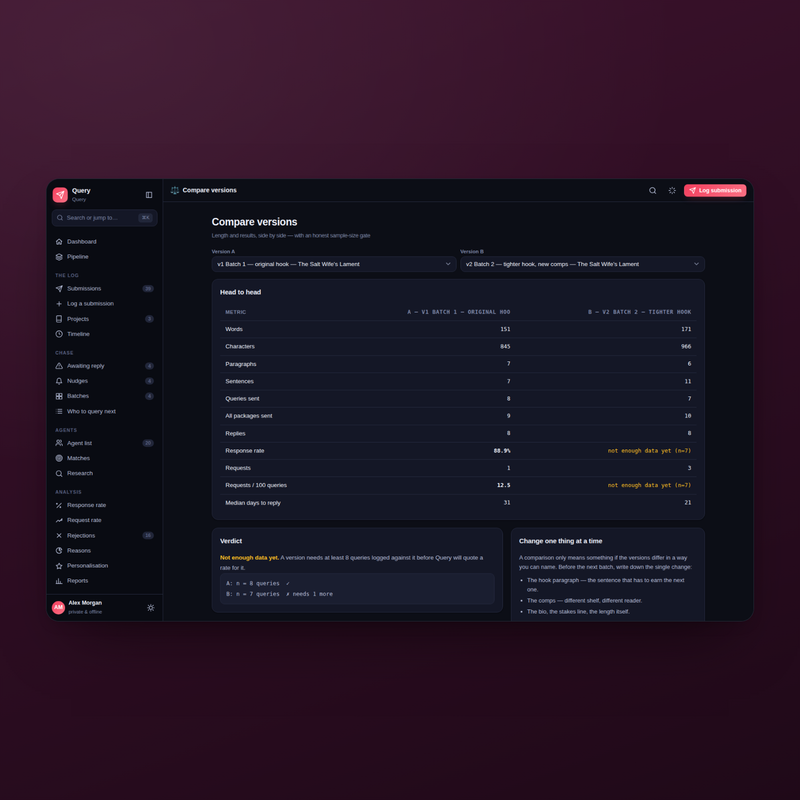 Query letter comparison in dark mode — how two versions actually performed