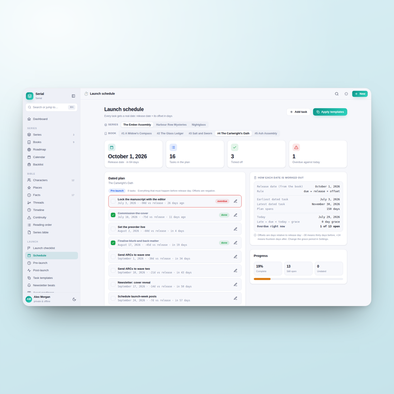 Serial launch schedule — every task on a real date worked back from release day