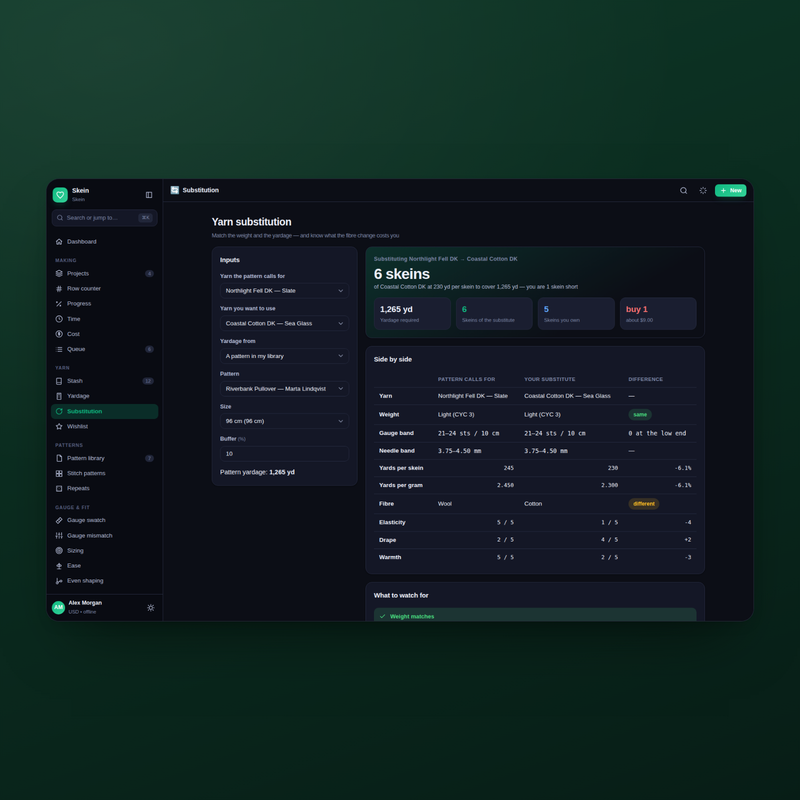 Skein yarn substitution in dark mode — how many skeins of the new yarn