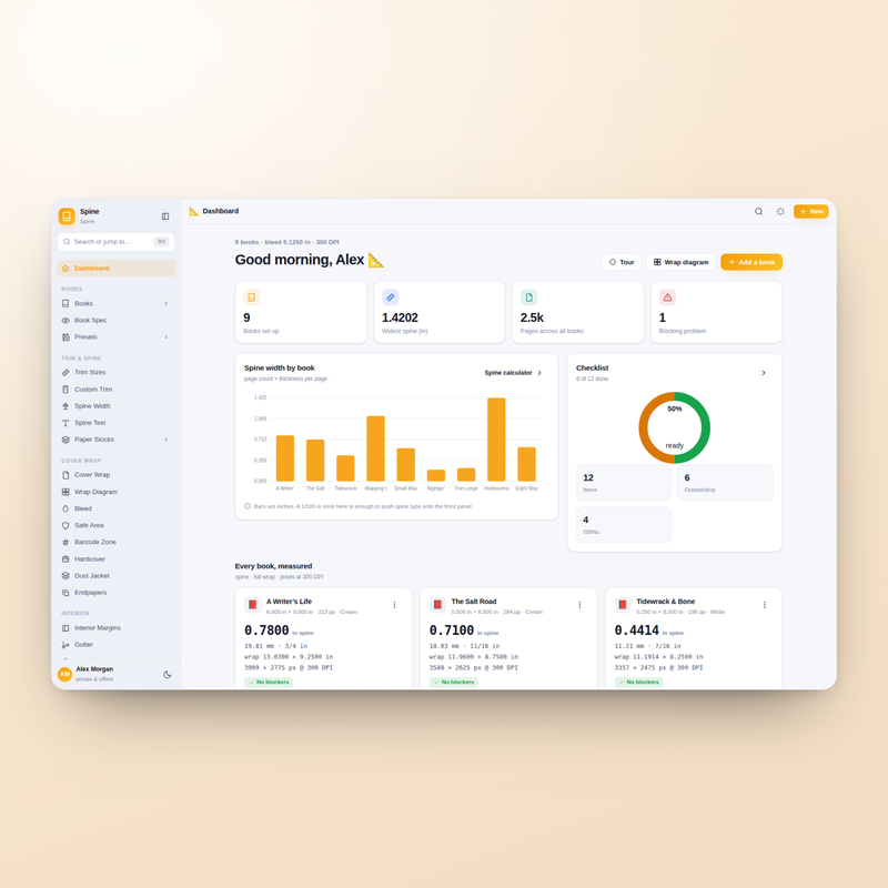 Spine dashboard — spine width, wrap size and warnings for every book