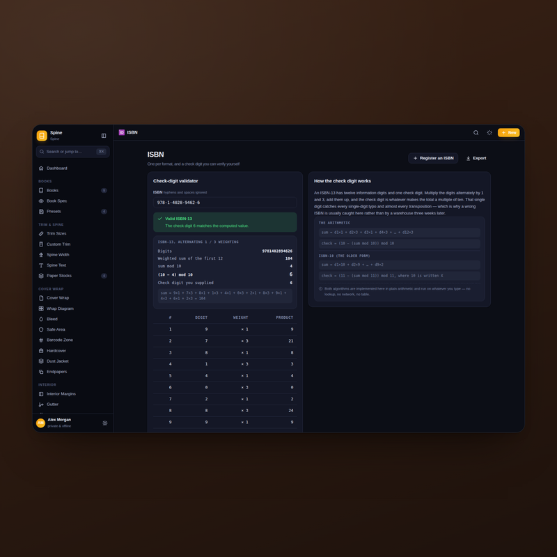 Spine ISBN validator in dark mode — the check digit computed, not trusted