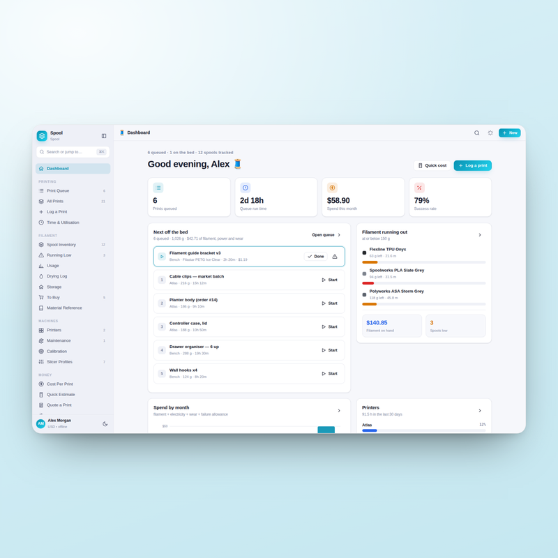 Spool dashboard — queue, success rate, spools and spend at a glance