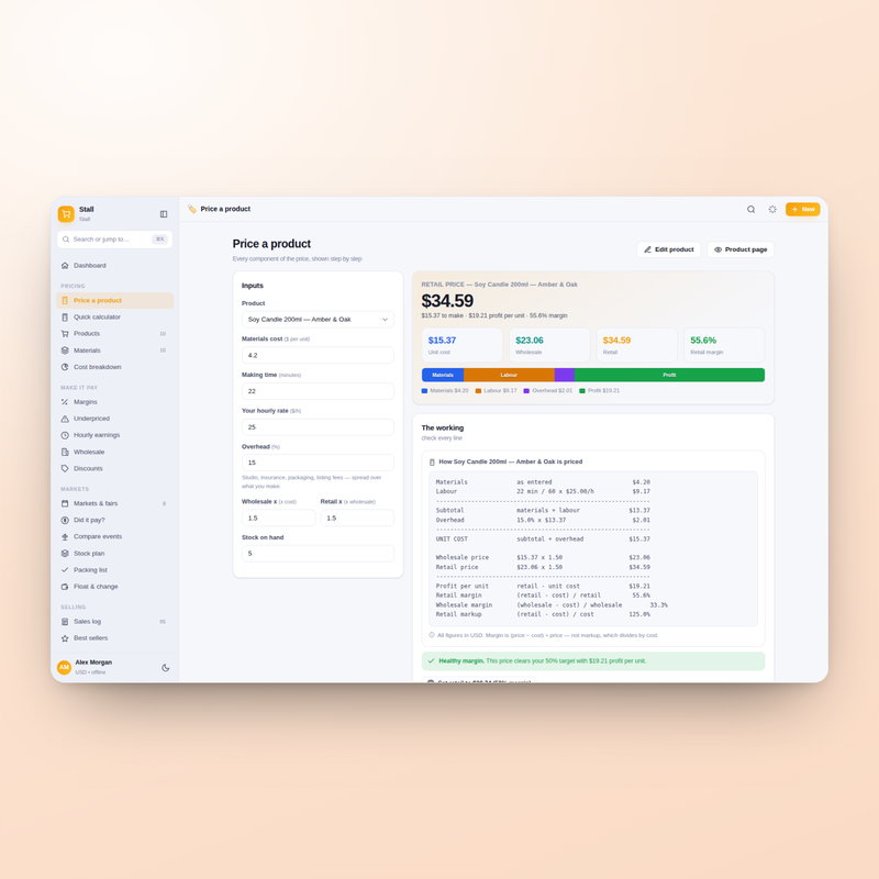 Stall price a product — materials, labour, overhead, packaging and fees