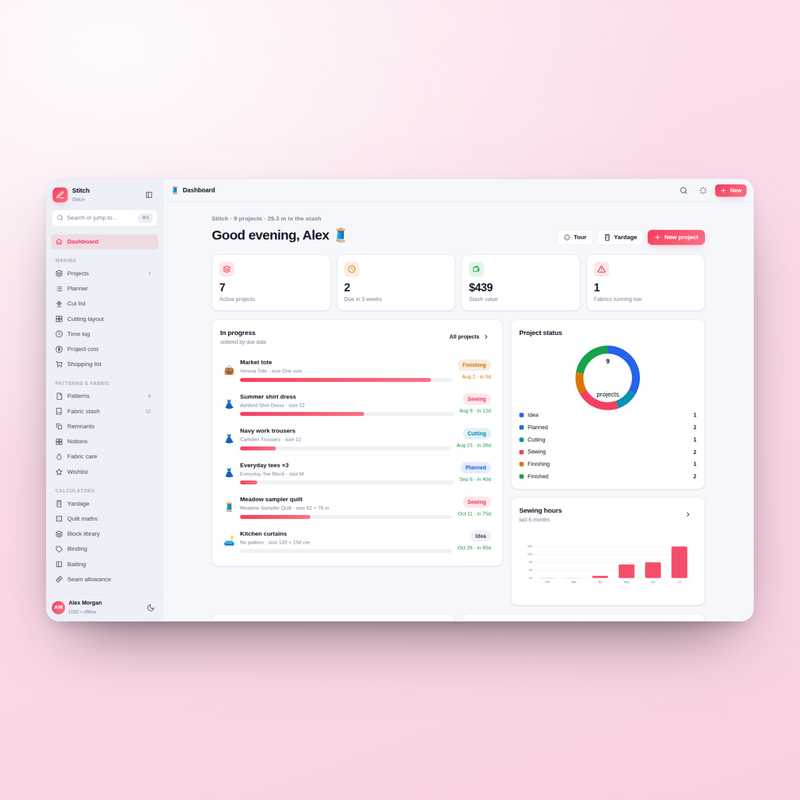 Stitch dashboard — projects, stash and upcoming makes at a glance