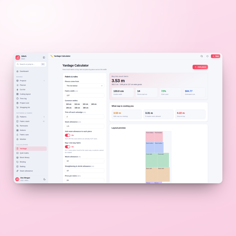 Stitch yardage calculator — width, nap, shrinkage and pattern repeat