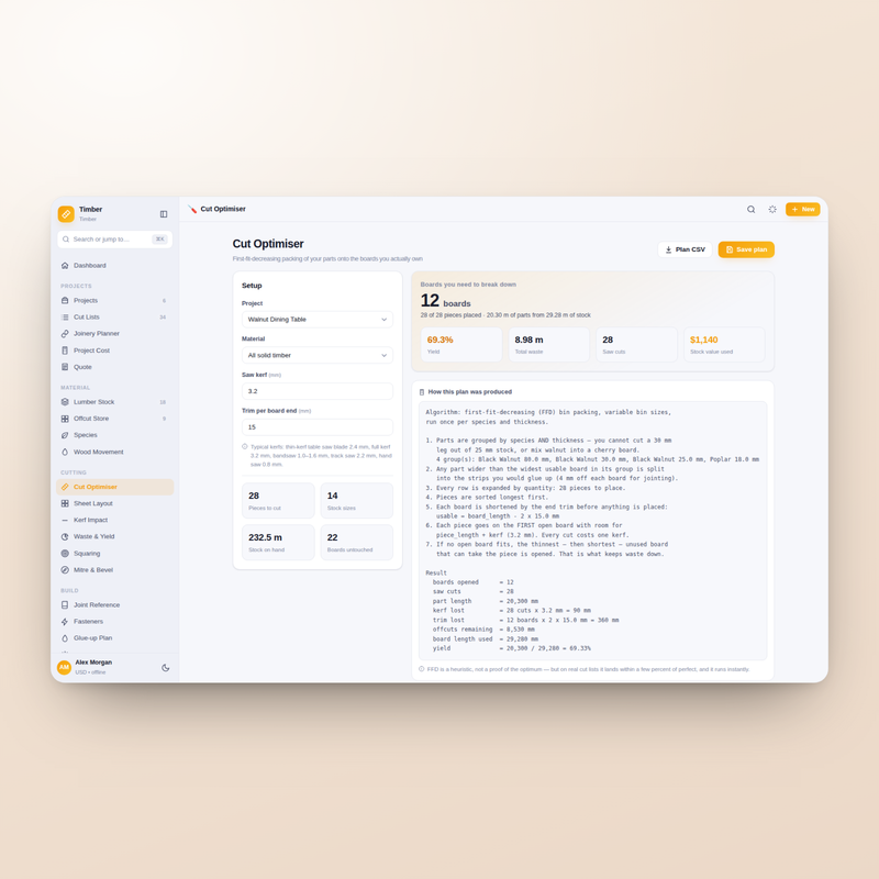 Timber cut optimiser — parts packed onto the boards you actually own