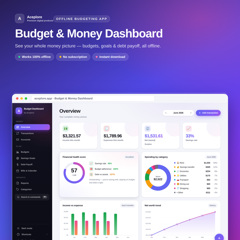 Ultimate Budget & Money Dashboard app interface