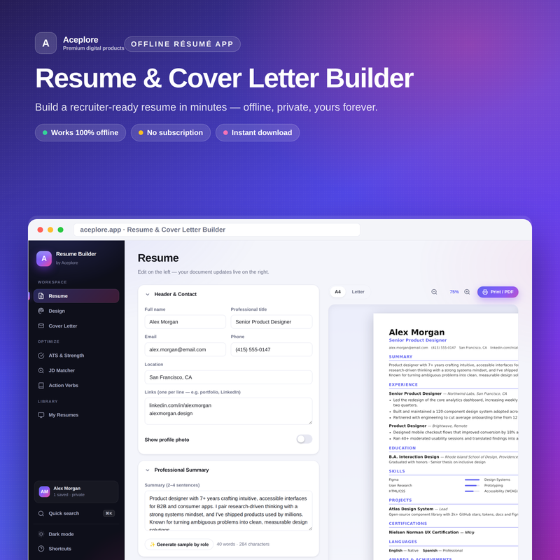 Ultimate Resume & Cover Letter Builder app interface