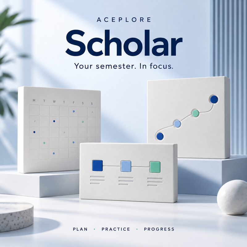 Scholar — Your semester. In focus. Navy and cobalt cover for the redesigned offline student workspace.