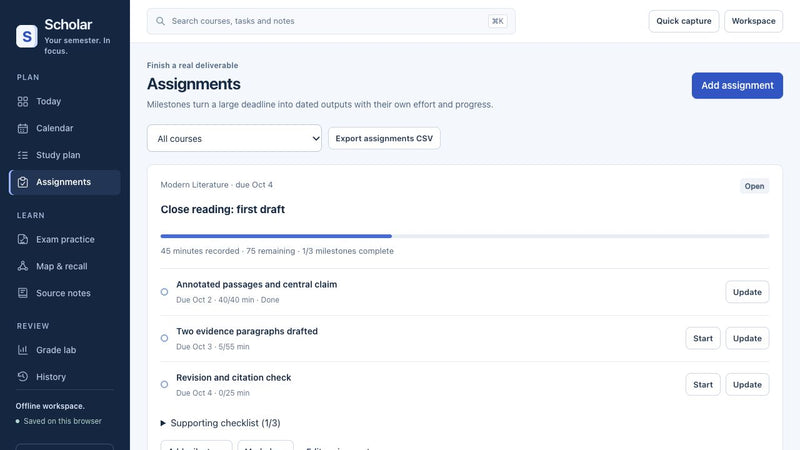 Actual Scholar 2.1 assignments with dated milestones, recorded effort and focus actions. Fictional example data.