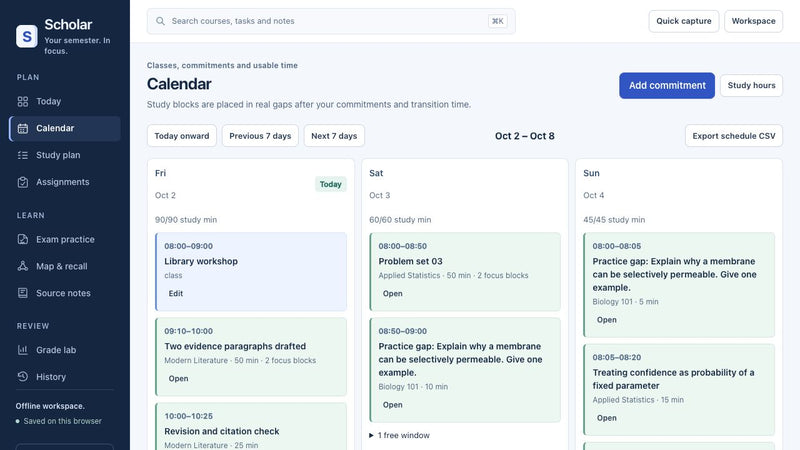 Actual Scholar 2.1 calendar with classes, dated commitments and study blocks placed into available time. Fictional example data.