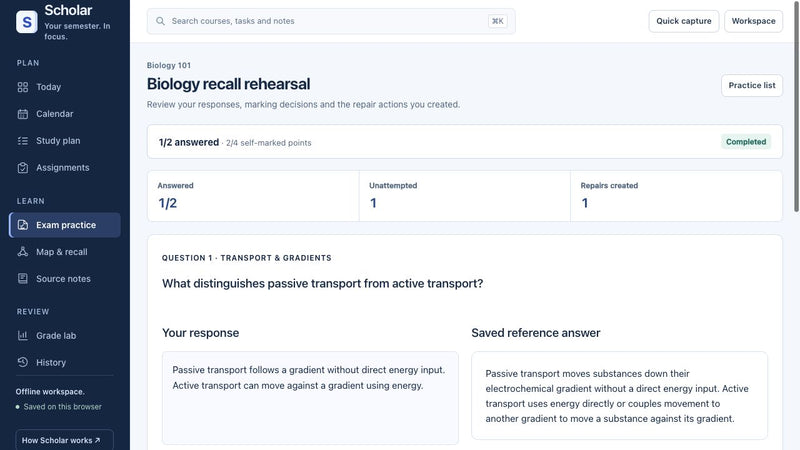 Actual Scholar 2.1 written practice results with responses, reference answers, self-marked scores and targeted repair. Fictional example data.