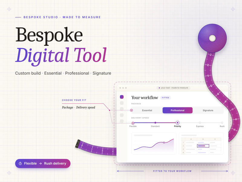 Bespoke Digital Tool cover: a violet measuring tape wraps around an app window showing Package and Delivery speed options, on a blueprint grid.