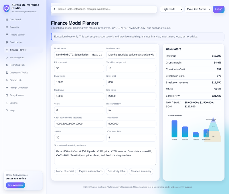 Finance model planner