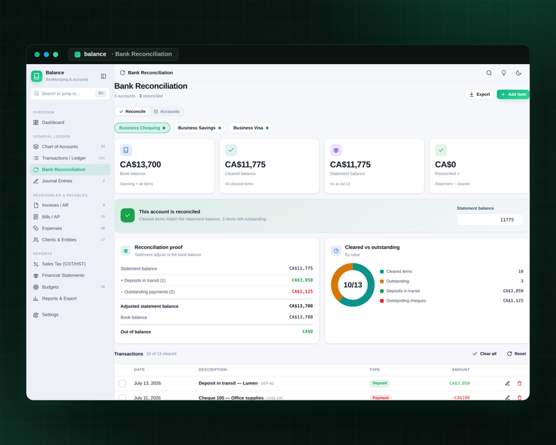 Balance — Bank Reconciliation