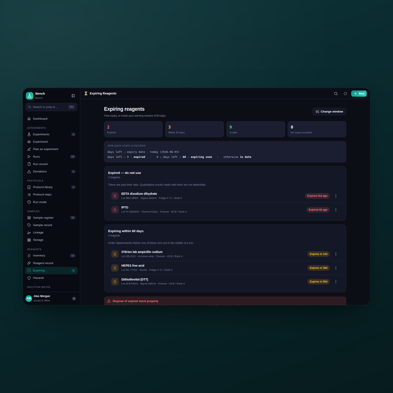 Bench expiring reagents in dark mode: what is about to expire, computed from your own inventory records