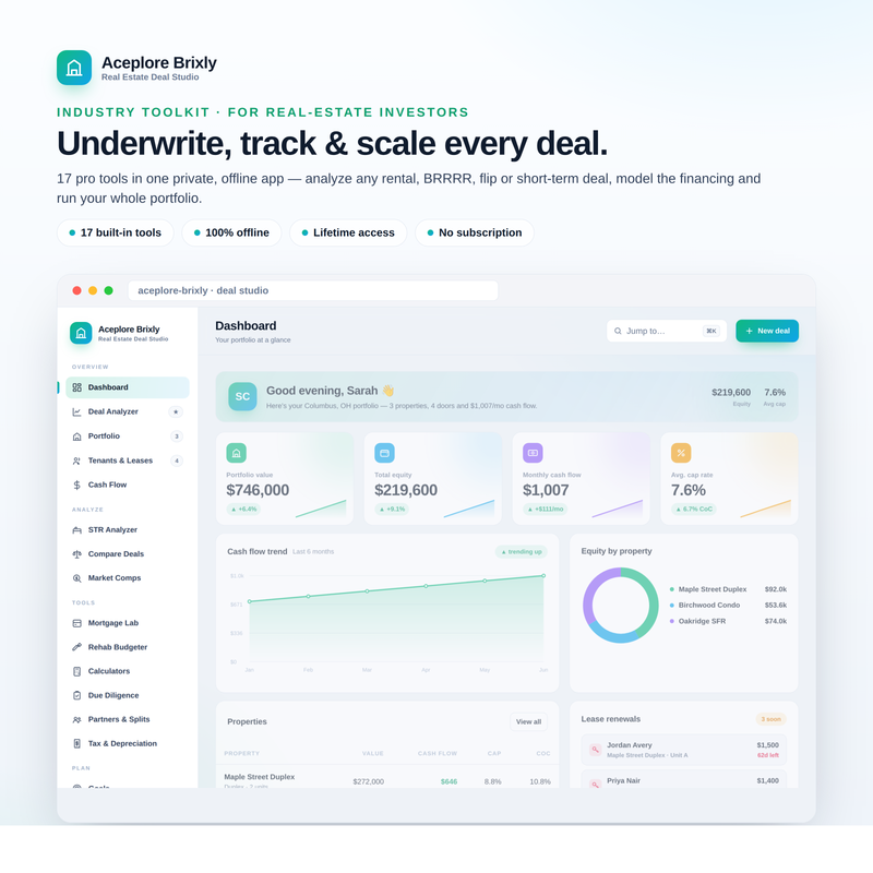 Aceplore Brixly — Real Estate Deal Studio: 17 tools to underwrite, track and scale every property deal, 100% offline