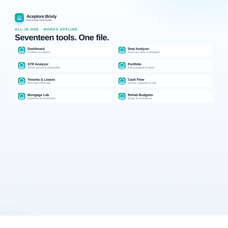 Seventeen tools in one file: analyzer, STR, portfolio, mortgage, rehab, comps, taxes, partners and more