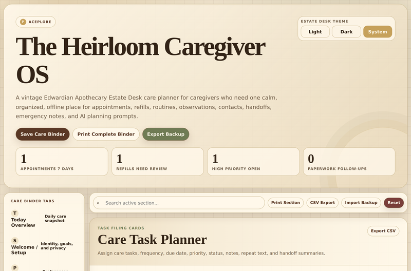 The Heirloom Caregiver OS — care task planner