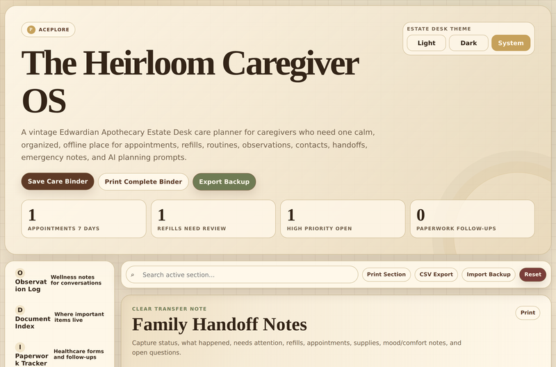 The Heirloom Caregiver OS — family handoff notes