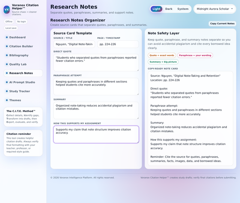 Research Notes organizer