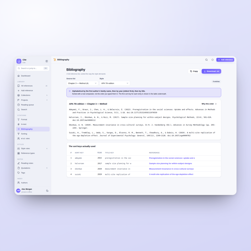 Cite bibliography view: entries formatted block by block from the style's own editable rules