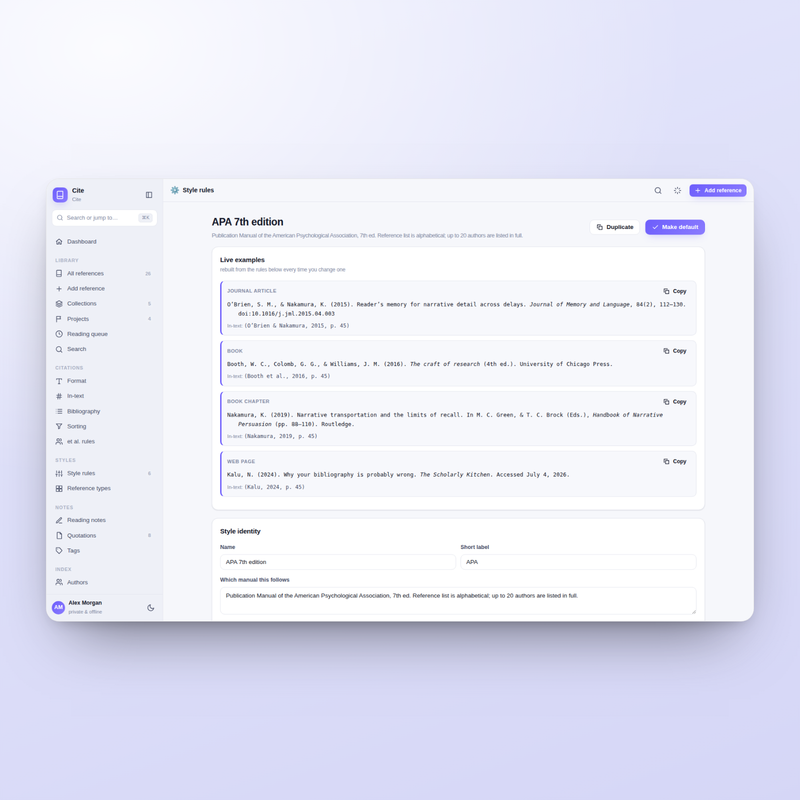Cite style rules: every rule of APA 7 shown and editable rather than hidden behind a dropdown